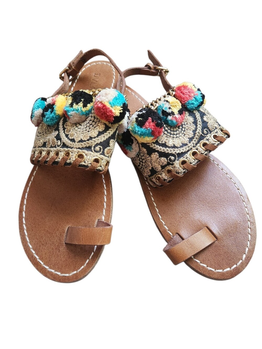 Dvlpm+ NEW Pom Pom Embroidered Chain Leather Sandal Size 8.5